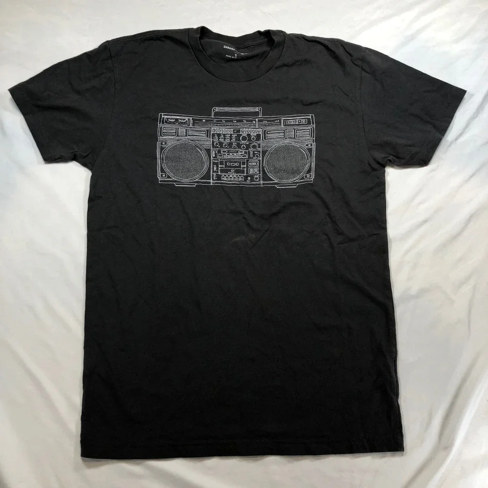 Banana Republic Mens Boombox Graphic T-Shirt Gray Cotton Retro Radio Print Small